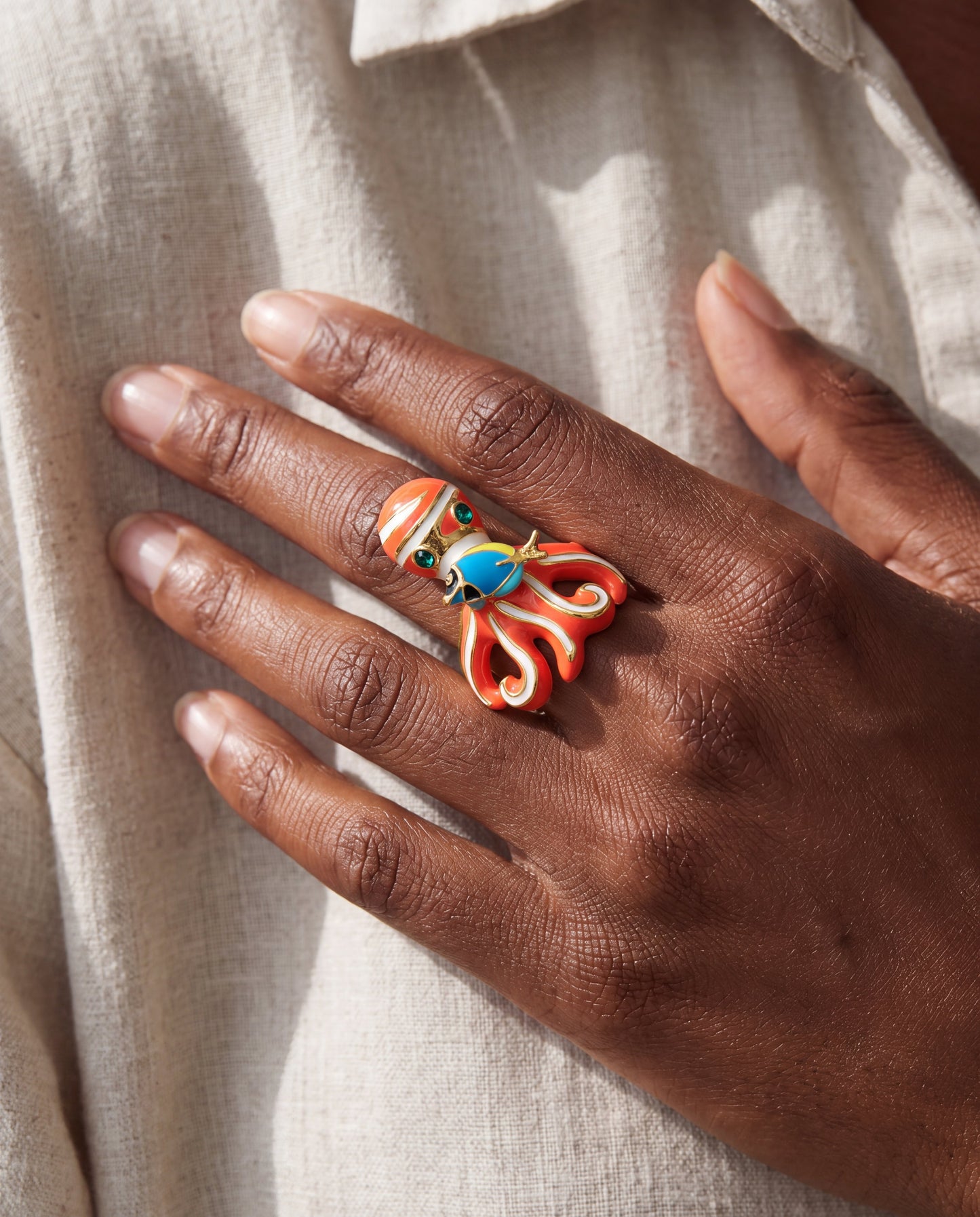 Eau Octopus Ring by Lauren G Adams, orange enamel octopus with turquoise stones on Tampa Home & Garden Store