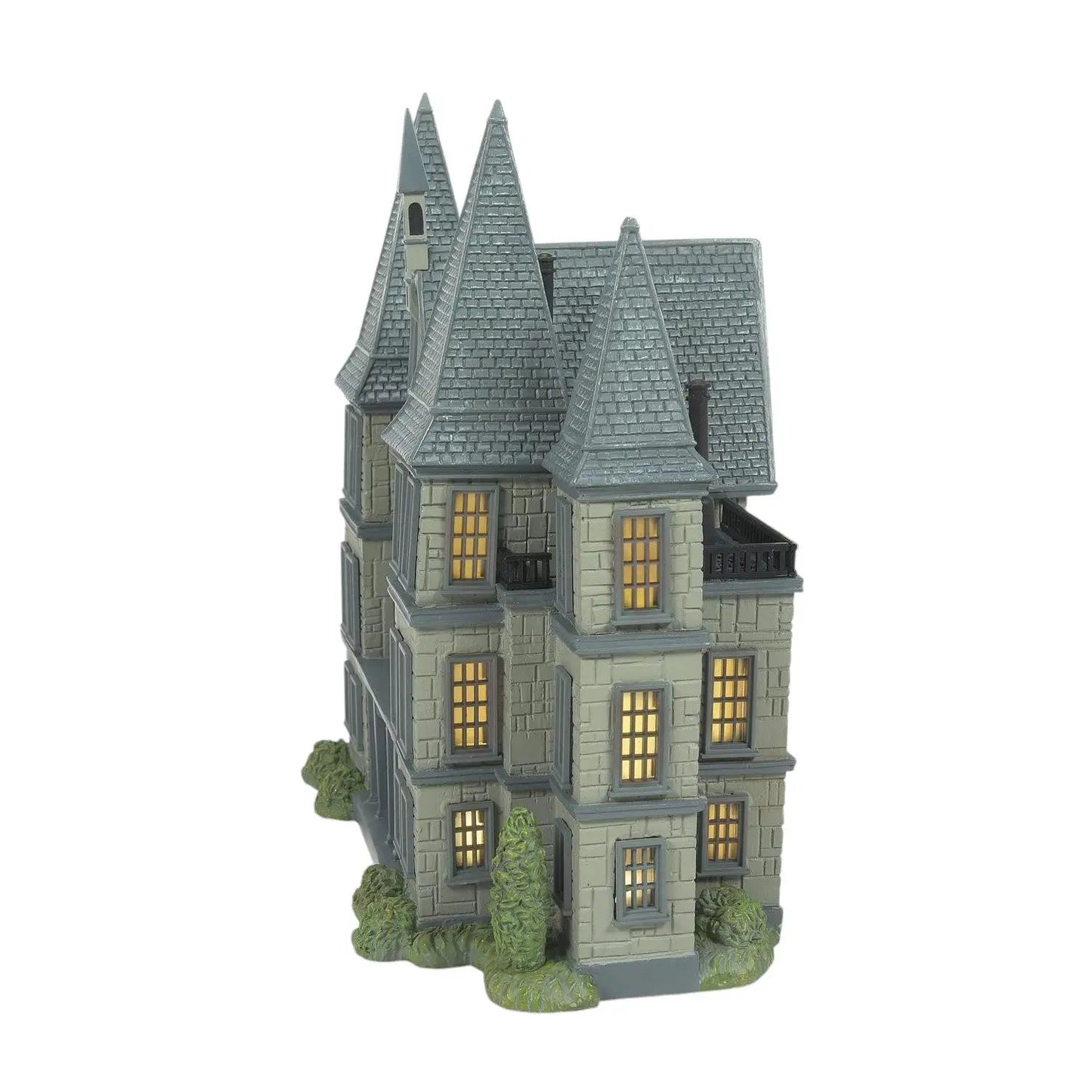 Malfoy Manor Lighted Gothic Home Model, gray stone, slate roof, lit windows, HP village on Tampa Home & Garden Store