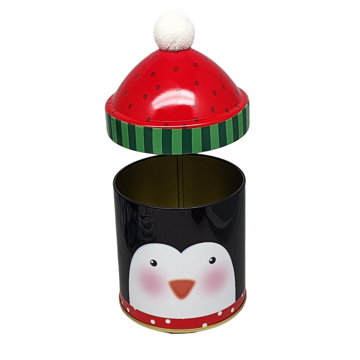 Penguin gift tin with red hat and white pom pom, black body, white face, Country Loft on Tampa Home & Garden Store