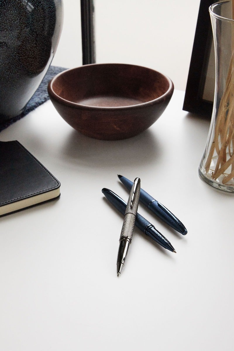 ATX Brushed Chrome Ballpoint Pen with clip beside two blue pens on Tampa Home & Garden Store