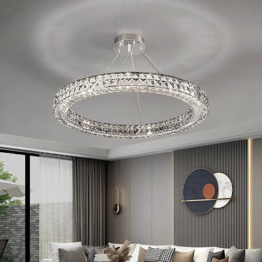 Decorbites light luxury crystal chandelier LED, circular crystal ring with chrome finish on Tampa Home & Garden Store