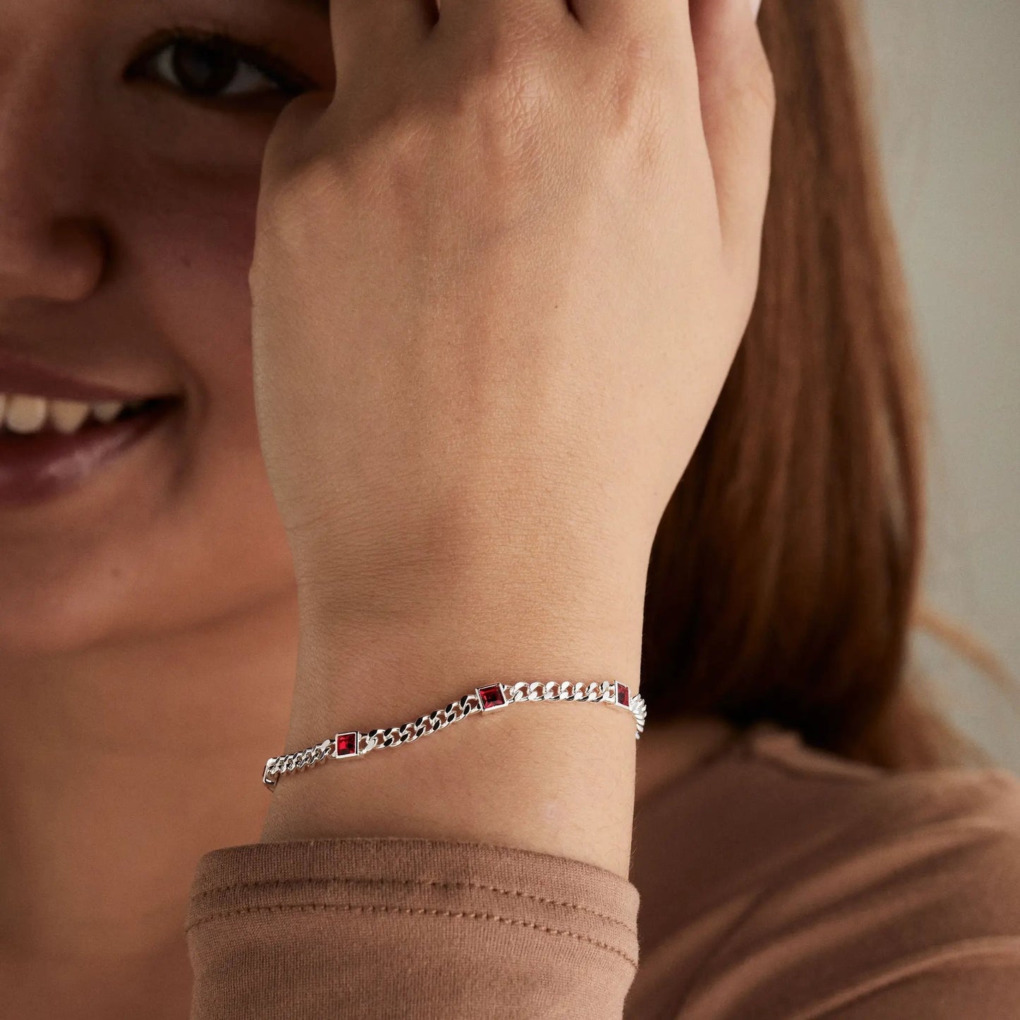 July Birthstone Ruby Curb Chain Bracelet for Women