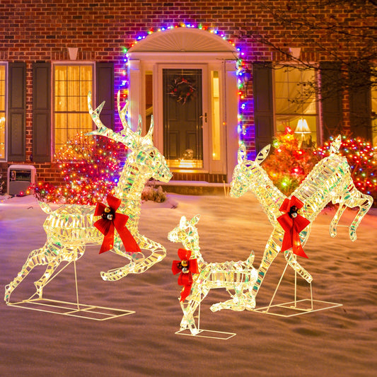3-Piece Lighted Christmas Reindeer Family with LED Lights and Bows - Tampa Home & Garden Store