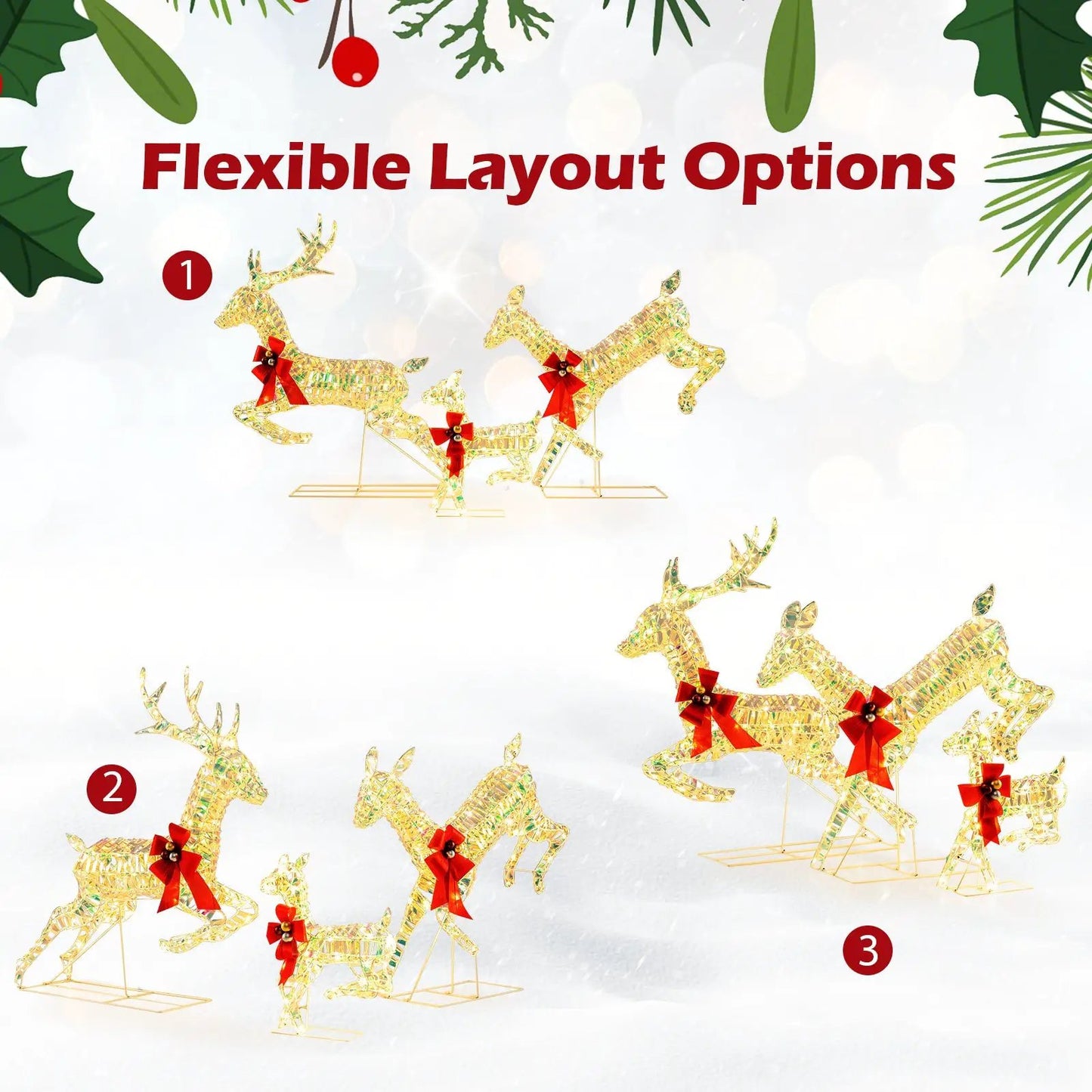 3-Piece Lighted Christmas Reindeer Family with LED Lights and Bows - Tampa Home & Garden Store