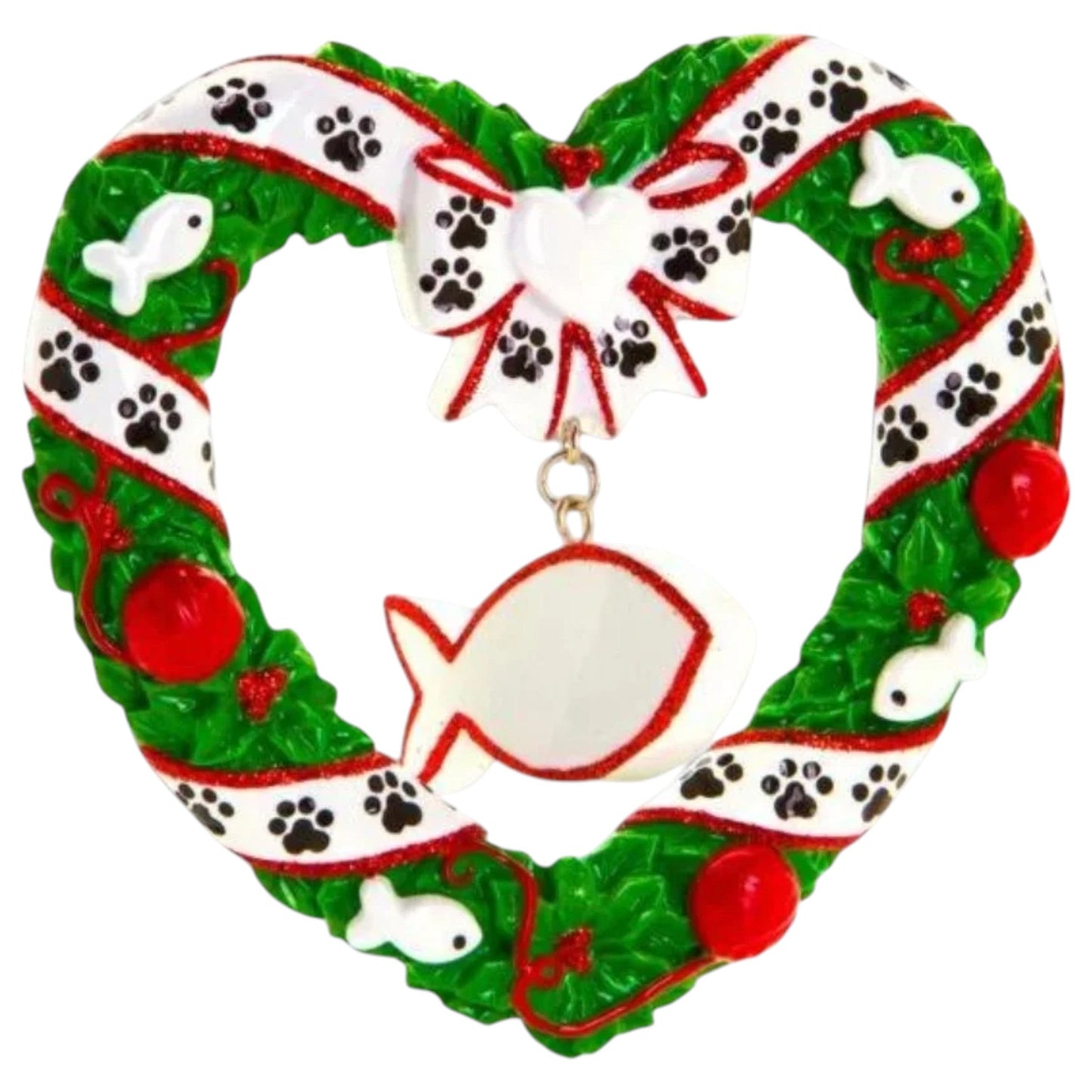 Kitty’s First Christmas Ornament With Paw Prints ornament with paw prints on redgreen wreath on Tampa Home & Garden Store