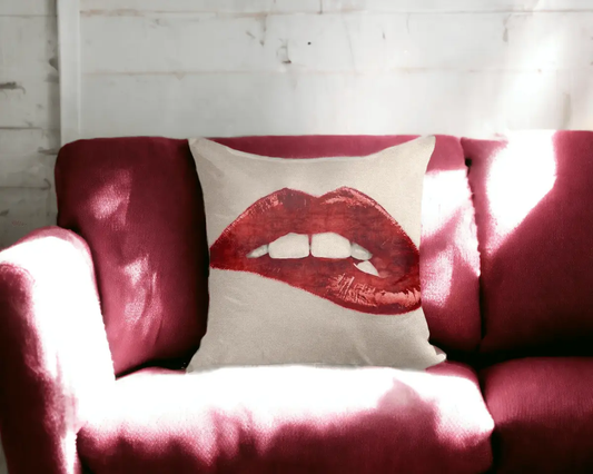 Pucker Up Pillow Case and Insert Gia Roma with red lips graphic on cream cover on magenta sofa on Tampa Home & Garden Store