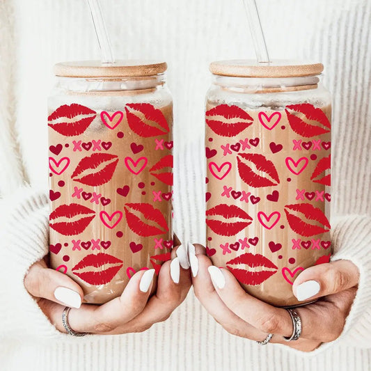 Red Lips XOXO 20oz glass cups with hearts, Gia Roma pair with cork lids on Tampa Home & Garden Store
