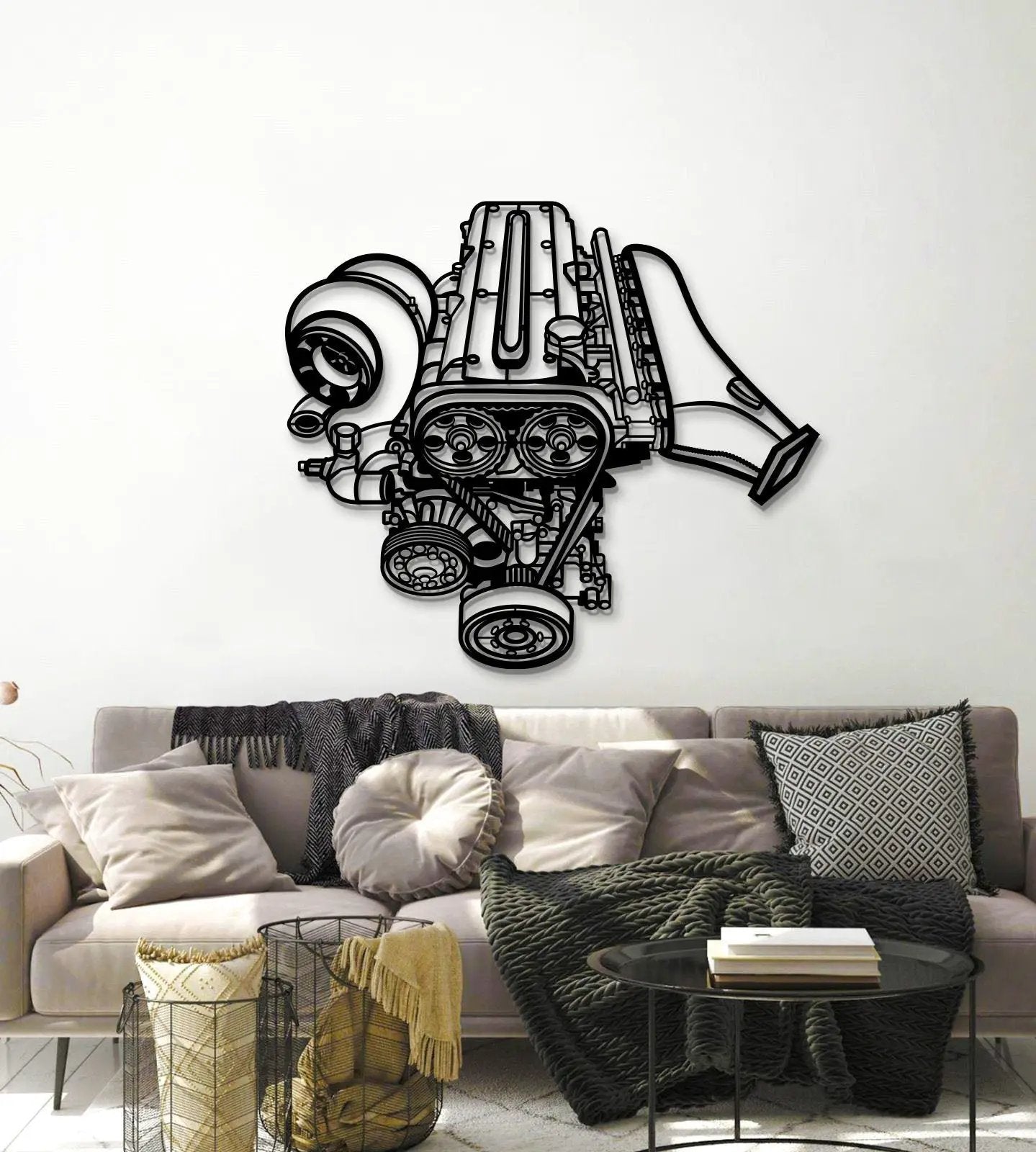 2JZ Metal Engine Block Wall Art by Modello Turbo, black line-art automotive artwork on Tampa Home & Garden Store