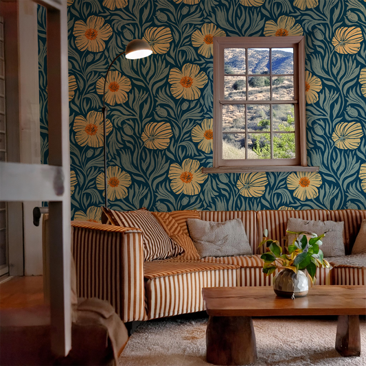 Matilija Wallpaper navy blue background with orange blooms and mint accents, bold floral on Tampa Home & Garden Store