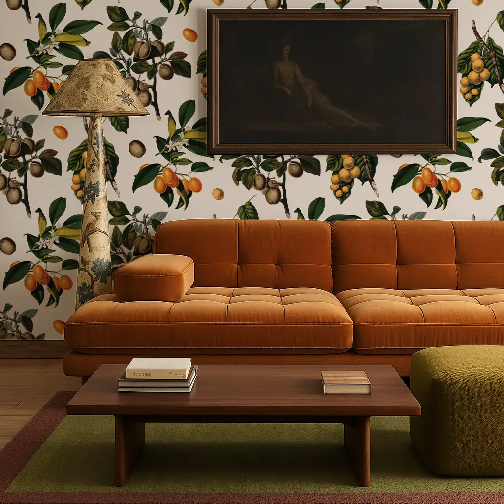 Wallpaper Vintage Orchard White Floral by Samantha Santana Creative with orange fruit motif on Tampa Home & Garden Store
