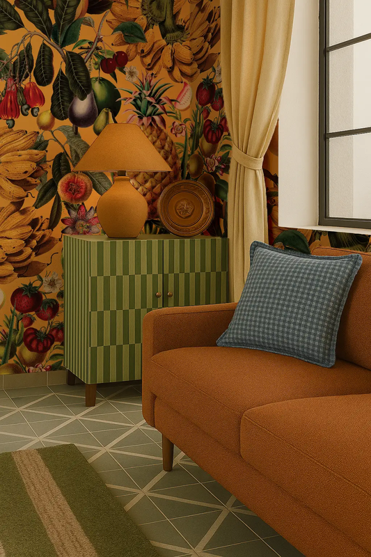 Juicy Fruit Wallpaper, Golden Rod Botanical Print; yellow, orange sofa, green cabinet on Tampa Home & Garden Store