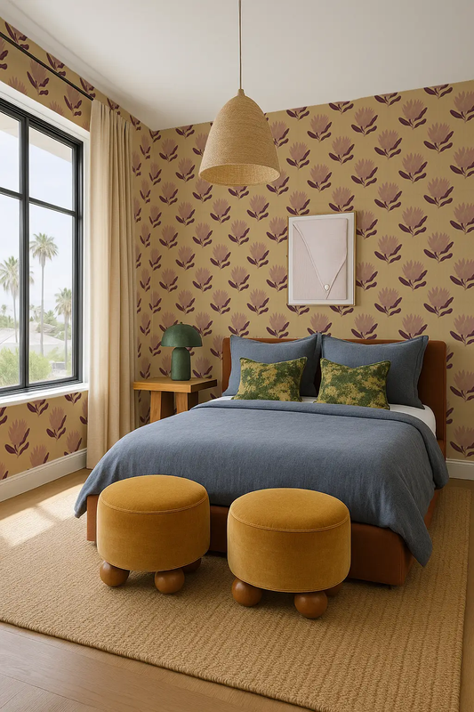 King Protea wallpaper in butter yellow and mauve with a delicate repeating floral motif on Tampa Home & Garden Store