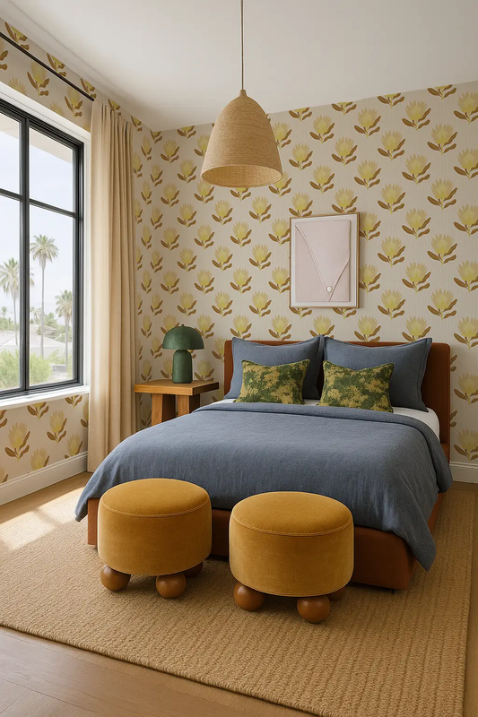 King Protea Wallpaper neutral brown mustard floral motif in a bedroom with blue textiles and mustard ottomans on Tampa Home & Garden Store