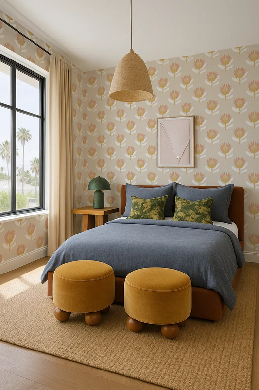 King Protea Wallpaper in tan and light coral with a tropical floral pattern on Tampa Home & Garden Store