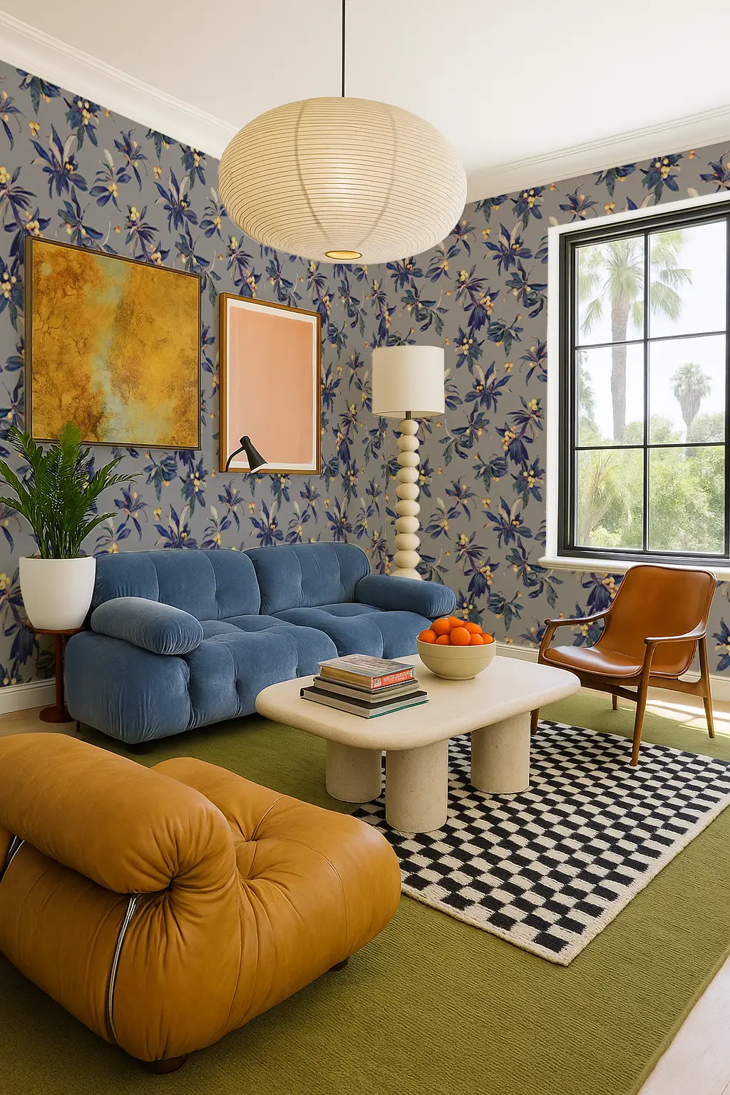 Loquat Love Gray Wallpaper Peel and Stick in blue-gray floral pattern on walls on Tampa Home & Garden Store