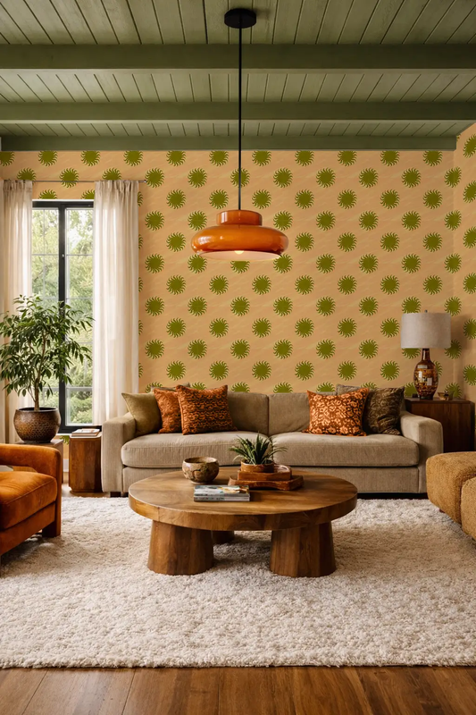 Sol Wallpaper Peach and Olive Green pattern with peach background and olive sunburst motifs on Tampa Home & Garden Store