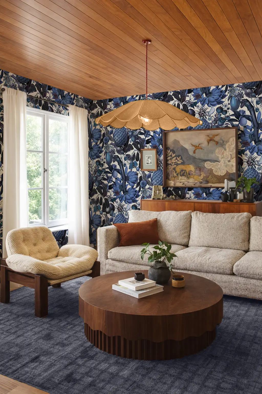 Juicy Fruit Wallpaper in blue and white floral motif by Samantha Santana Creative on Tampa Home & Garden Store