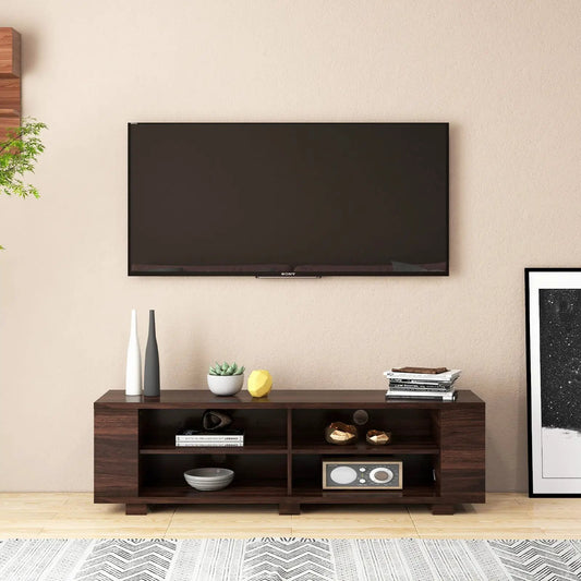 59 Inch Walnut Wood TV Stand with Console Storage in dark walnut finish and open cubby shelves on Tampa Home & Garden Store
