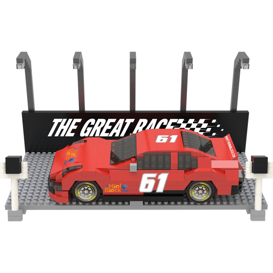 Red mini building blocks race car with number 61 on a gray base, display stand backdrop banner on Tampa Home & Garden Store