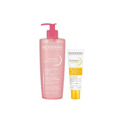 Bioderma cleansing gel & SPF50+ sunscreen set in pink pump bottle and white tube on Tampa Home & Garden Store