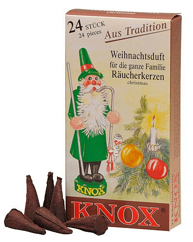 Knox German Scented Incense Cones Pine, pack of 24 in Knox box with Christmas gnome on Tampa Home & Garden Store