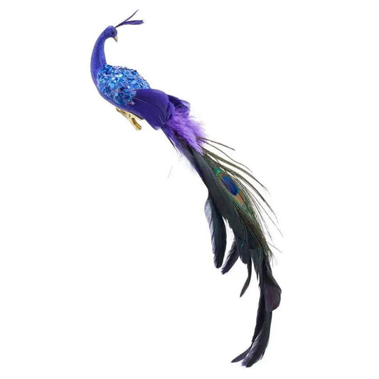Feather peacock clip-on ornament blue sequins long tail feathers gold clip on Tampa Home & Garden Store