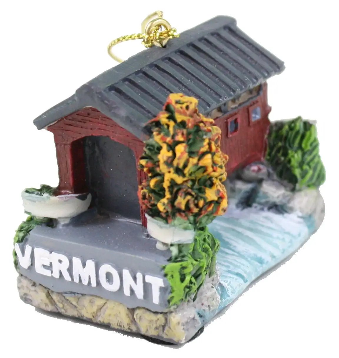 Vermont Miniature Covered Bridge Ornament, red-roofed resin bridge with snowy scene on Tampa Home & Garden Store