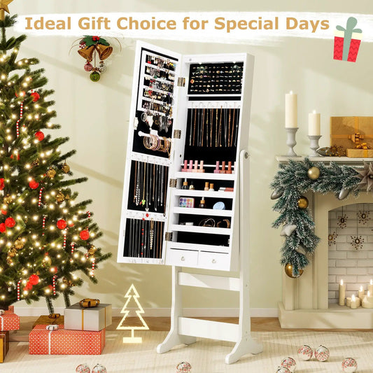 Lockable white jewelry cabinet armoire with LED lights and full-length mirror on Tampa Home & Garden Store