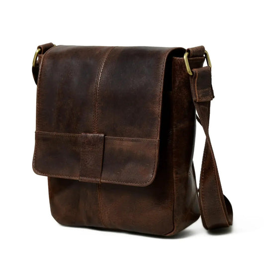 Brown Buffalo Leather Crossbody Bag with Zipper featuring front flap, adjustable strap on Tampa Home & Garden Store