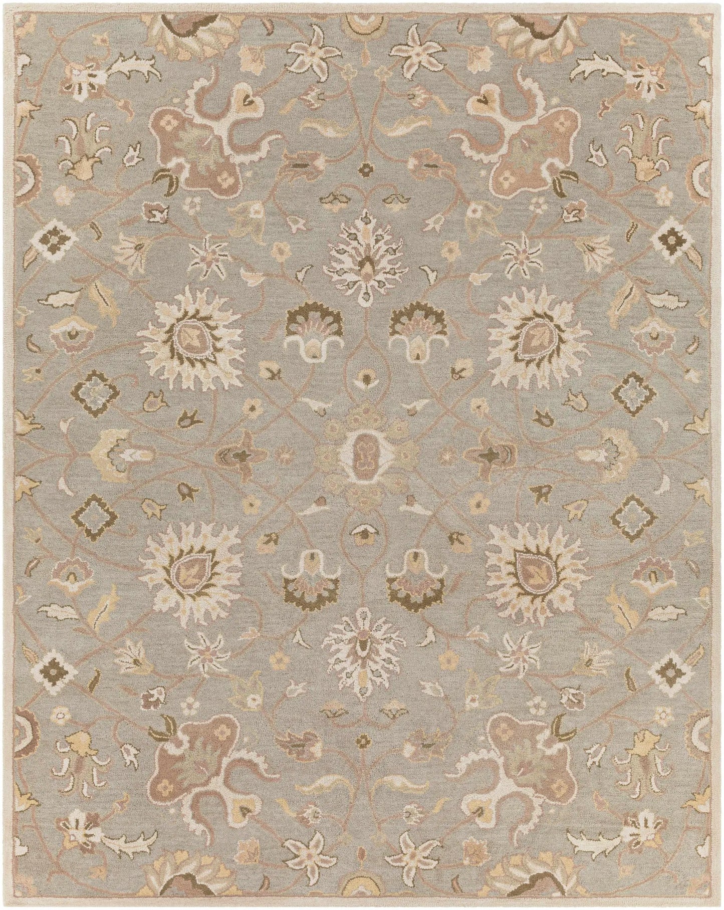 Logville Hand Tufted Olive area rug with grey beige ivory florals by Boutique Rugs on Tampa Home & Garden Store
