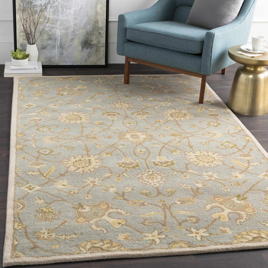 Logville Hand Tufted Olive 1121 rug with beige floral on pale blue field and ivory border on Tampa Home & Garden Store