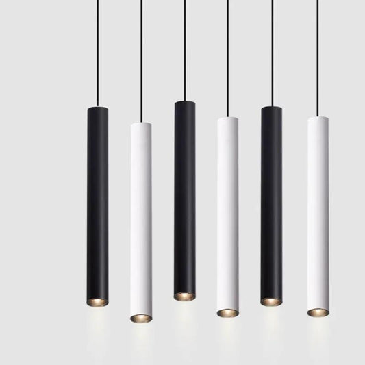 Modern LED iron pendant lamp with six black and white cylindrical tubes by Decorbites on Tampa Home & Garden Store