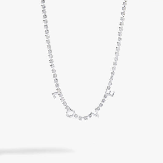 Love Crystal Tennis Necklace by ALEX AND ANI, silver-tone with square crystals and LOVE charm on Tampa Home & Garden Store