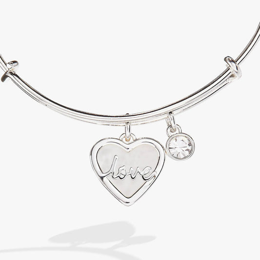 Love Mother of Pearl Bangle bracelet by ALEX AND ANI, silver-tone with heart charm inscribed Love and crystal accent on Tampa Home & Garden Store