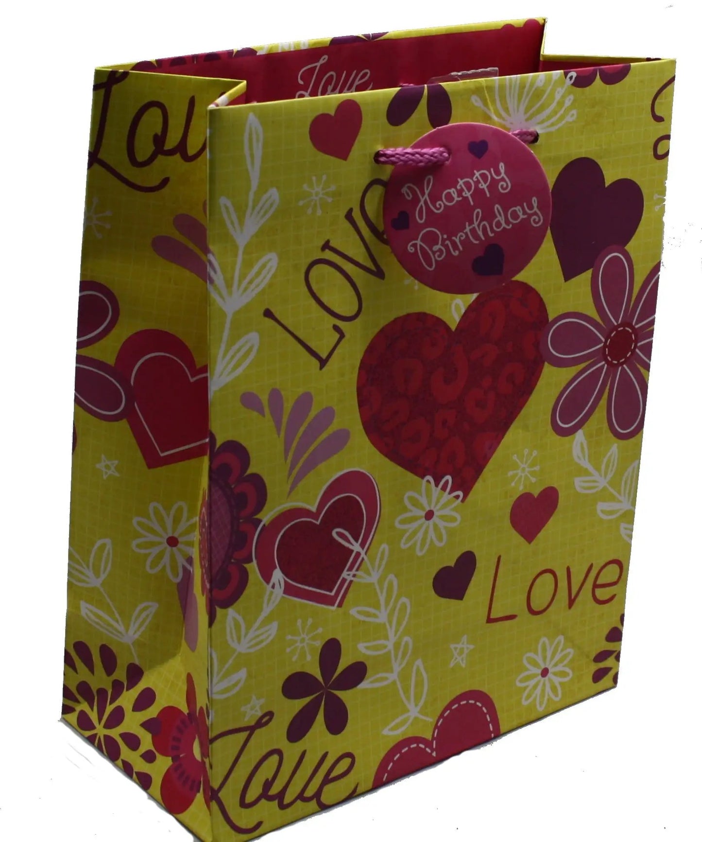 Love Hearts and Flowers Gift Bag with birthday tag yellow bag with pink hearts and white flowers on Tampa Home & Garden Store