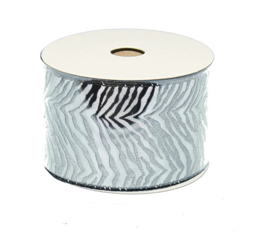 Zebra Stripe Wire Edge Ribbon roll by Country Christmas Loft with silver base and black chevron on Tampa Home & Garden Store