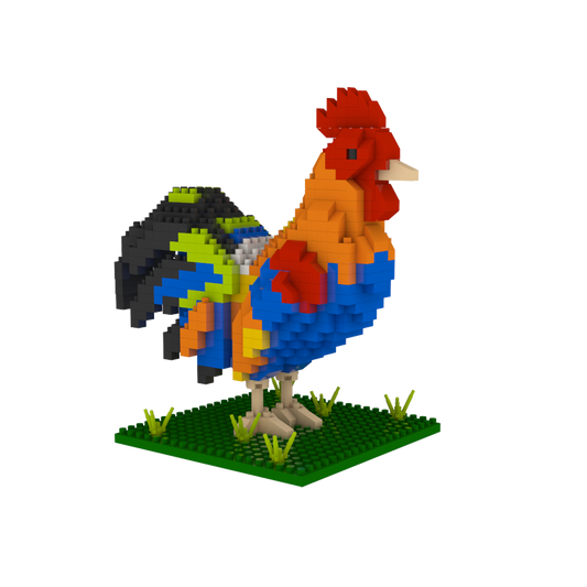 Florida Rooster building blocks on green base; orange rooster with blue body Country Christmas on Tampa Home & Garden Store