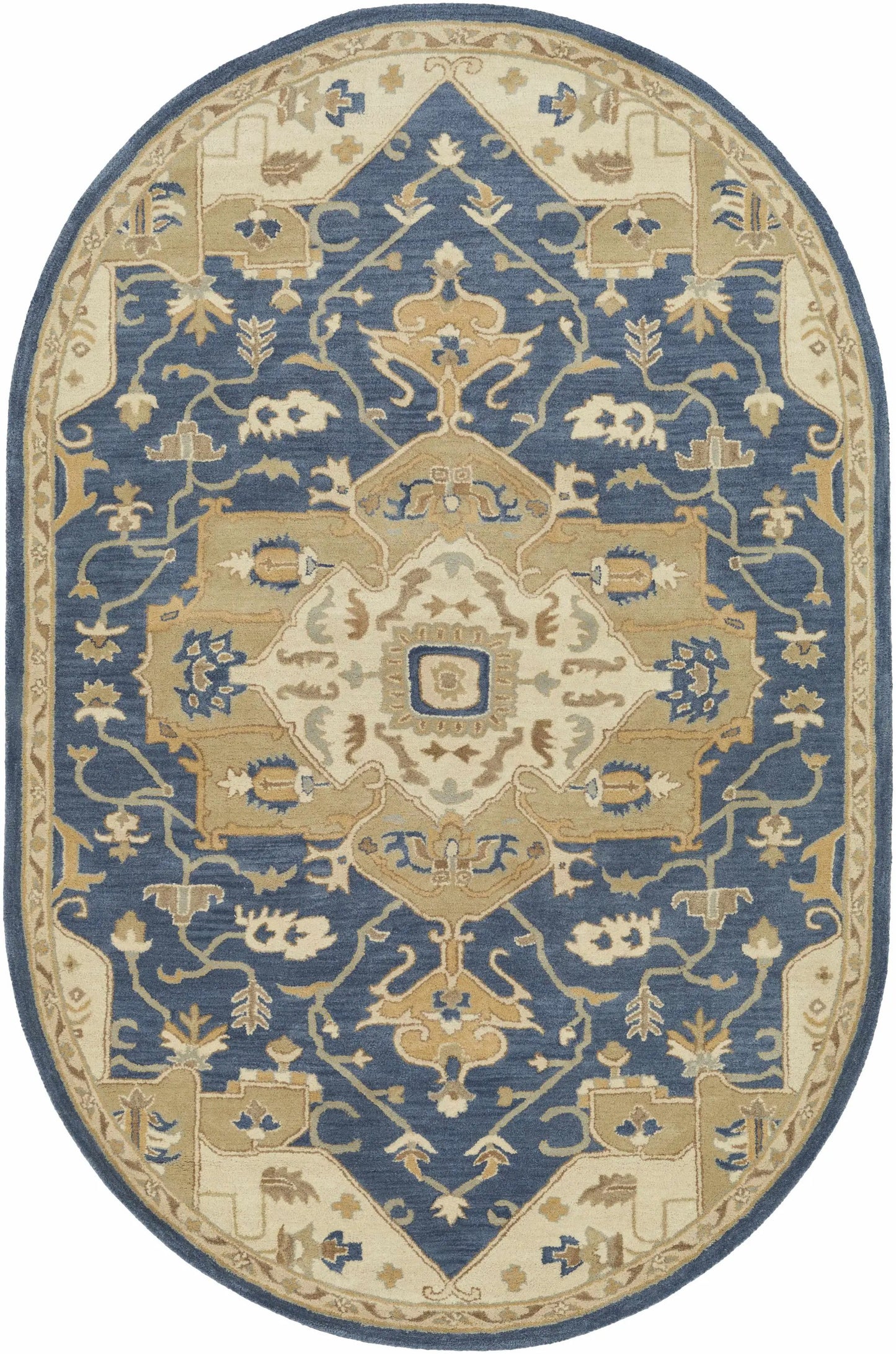 Broomfield 1145 Hand Tufted Blue Wool Rug, oval blue field with beige border on Tampa Home & Garden Store
