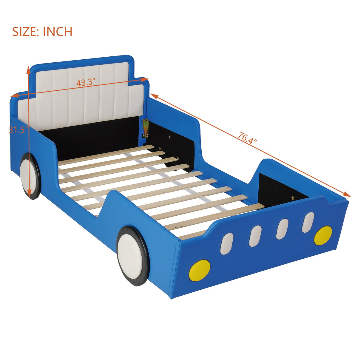 Twin size race car bed with blue safety rails and white headboard by HouseOfZazla on Tampa Home & Garden Store