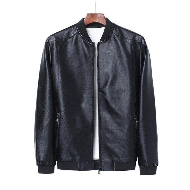 Stevvex men's black faux leather bomber jacket with zip front and pockets on Tampa Home & Garden Store