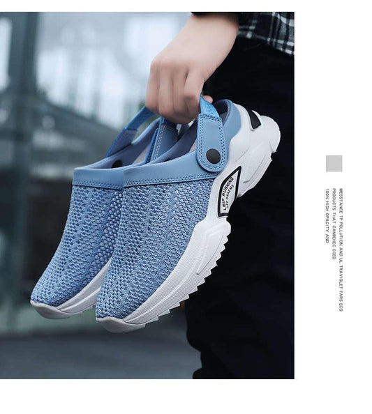 Stevvex blue knit slip-on sneakers with chunky white sole, breathable mesh upper on Tampa Home & Garden Store