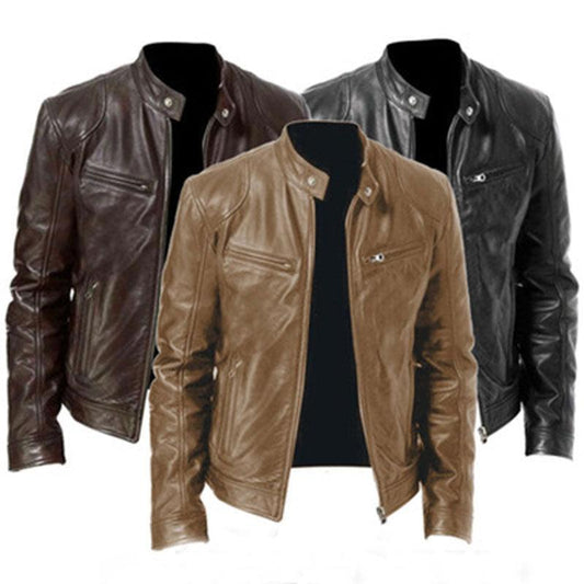 Leather motorcycle jacket set of 3 by Stevvex PU leather, slim fit, vintage collar on Tampa Home & Garden Store