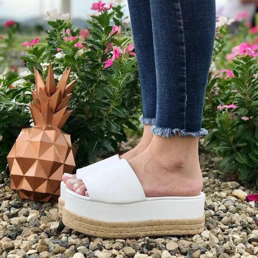 Stevvex white platform sandals with wide strap and jute espadrille sole ST85234GHJ on Tampa Home & Garden Store