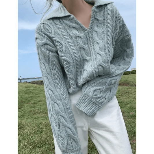 Stevvex luxury kitty retro women sweater with pale blue gray cableknit turn-down collar loosefit on Tampa Home & Garden Store