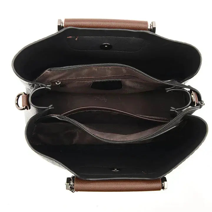 Amara Genuine Leather Shoulder Bag brown interior with multiple compartments Moktan Sabai on Tampa Home & Garden Store