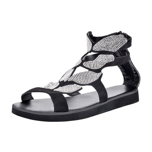 Stevvex black rhinestone butterfly sandals with open toe, ankle straps, flat sole on Tampa Home & Garden Store