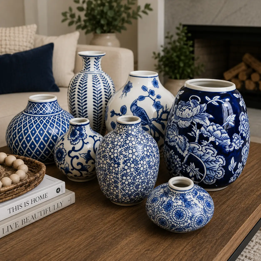 Samira blue porcelain vases by Gia Roma; blue and white ceramic decor on living room table on Tampa Home & Garden Store