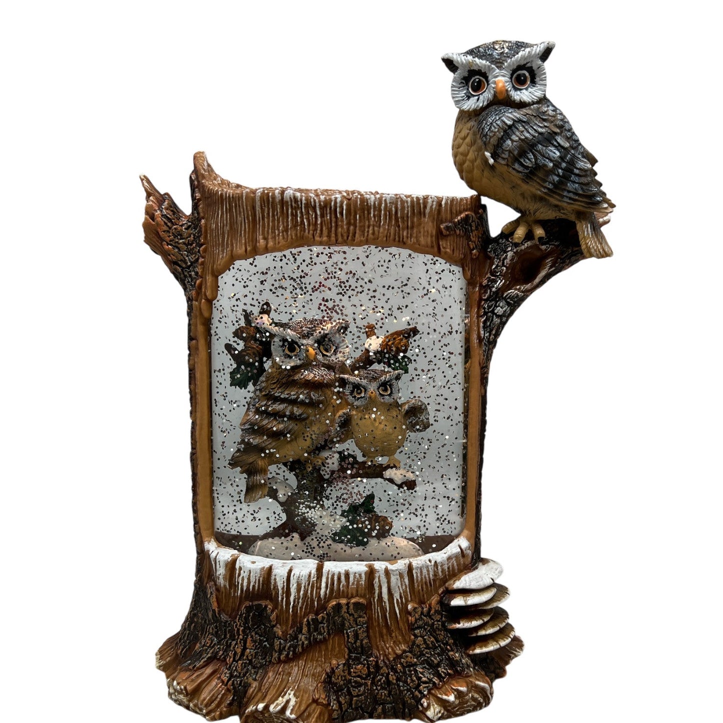 Lighted Holiday Owl Spinning Water Globe with brown perched owl on branch snowy interior scene on Tampa Home & Garden Store