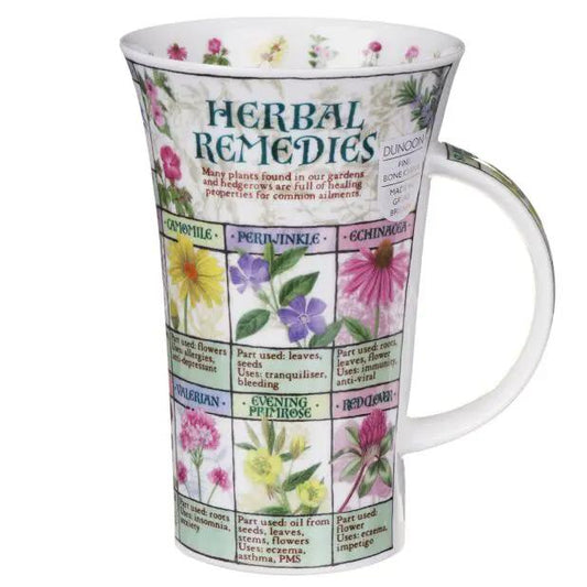 Herbal Remedies Fine Bone China Mug Glencoe Style by Dunoon, white mug with floral chart design on Tampa Home & Garden Store