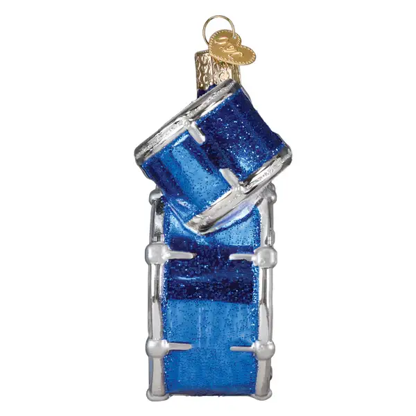 The Who Drum Set Glass Ornament with blue finish, stacked drums and silver frame on Tampa Home & Garden Store